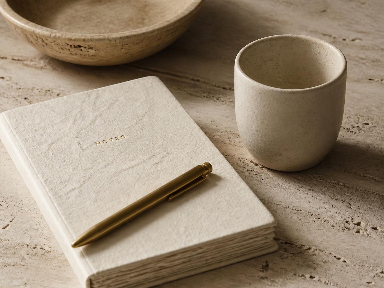 A handmade paper notebook, brass pen, and matte ceramic cup resting on a travertine surface