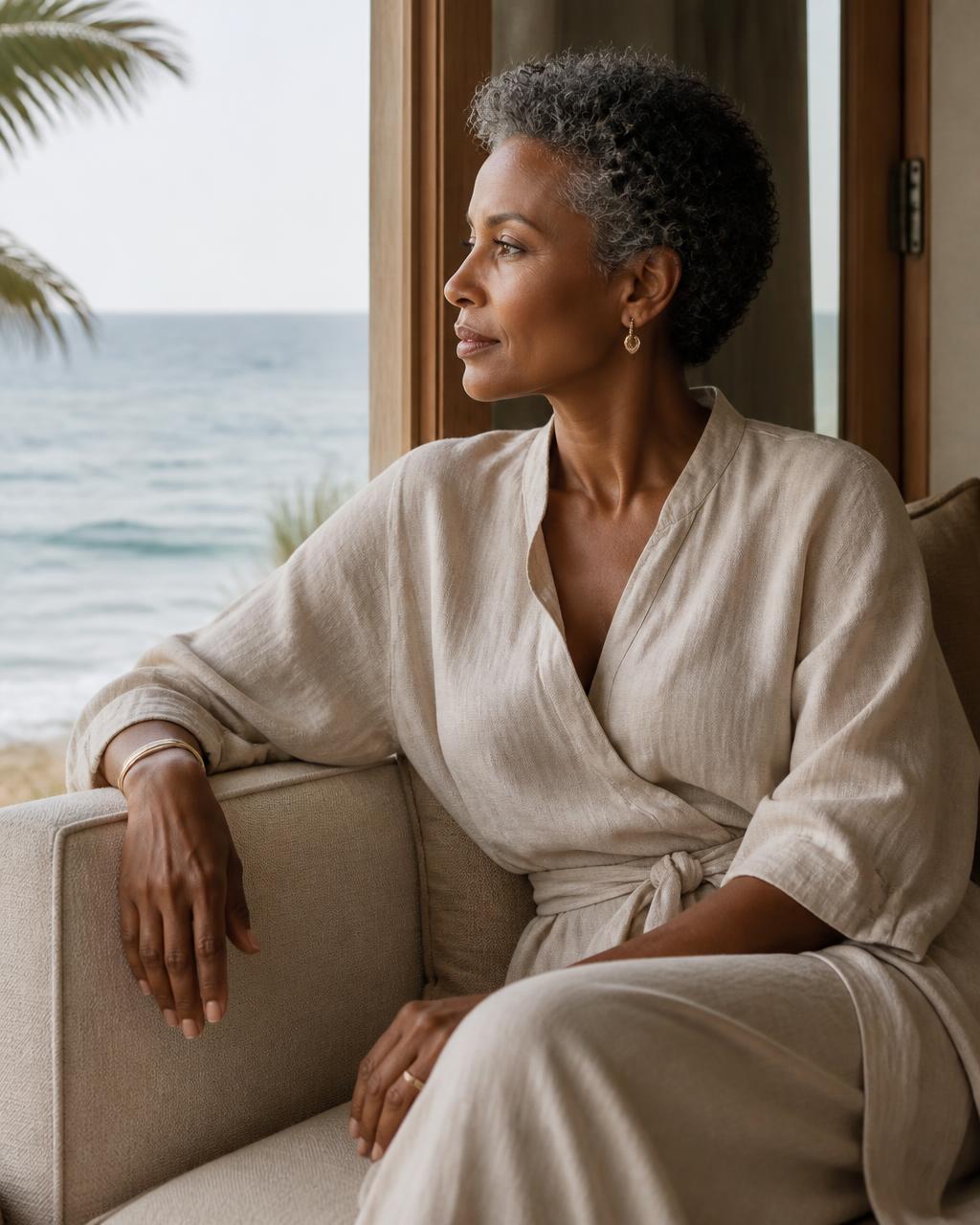 A poised woman in linen resting in a coastal home, looking out toward the water